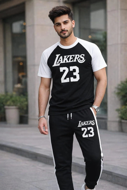 Men's Printed Cotton Track Suit Black White Stripe - image 2
