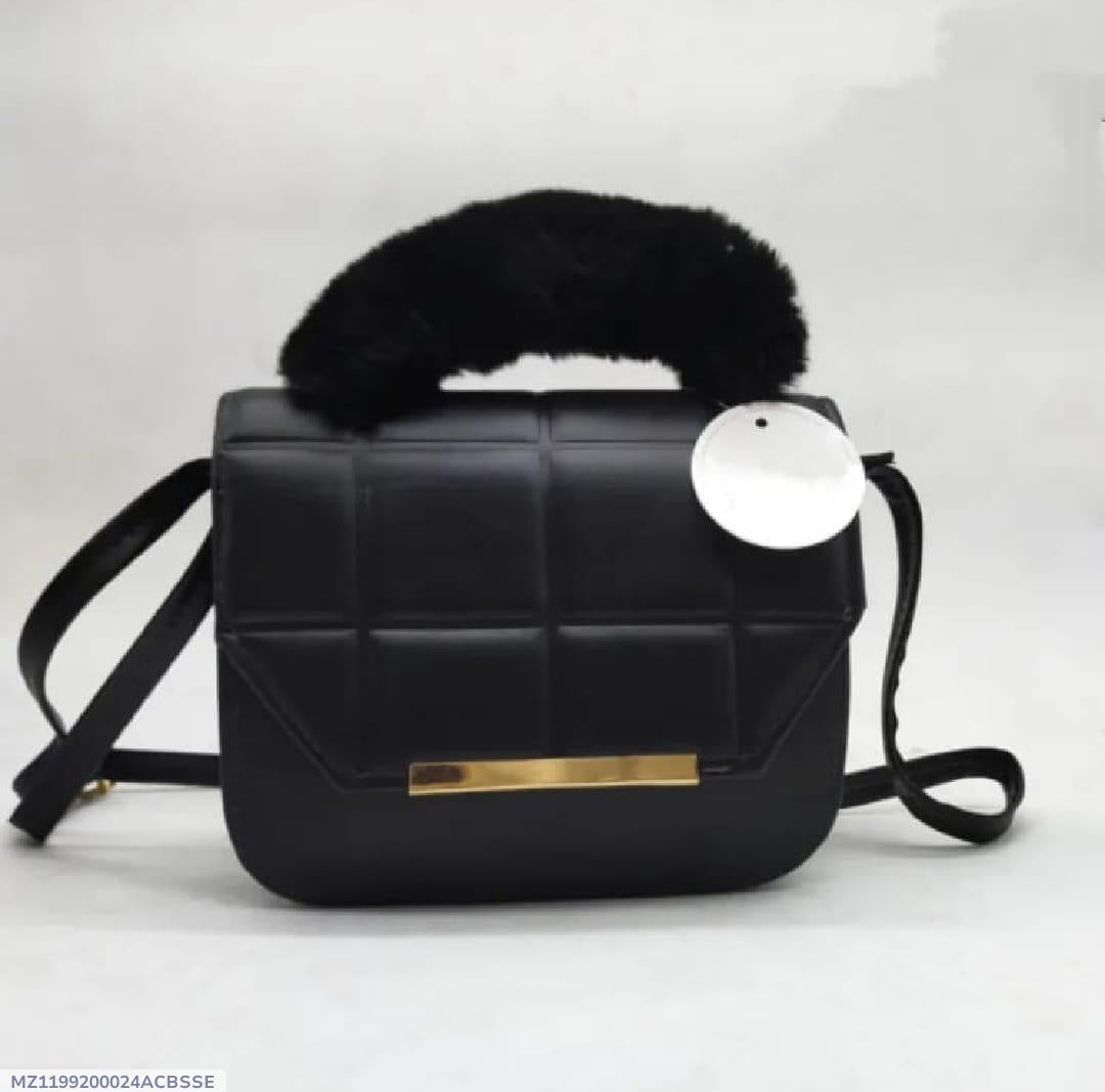Black Rexine Crossbody Bag with Faux Fur Handle for Girls - image 4
