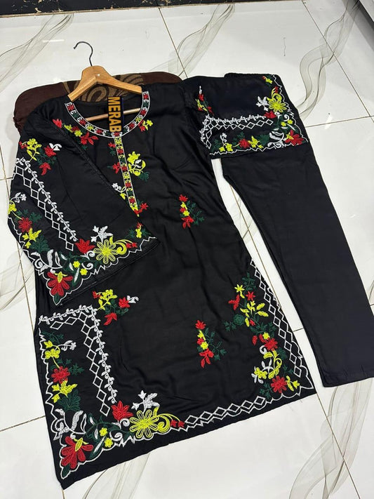 Multi Colours Embroidered Shirt Trouser Set 2Pcs - image 2