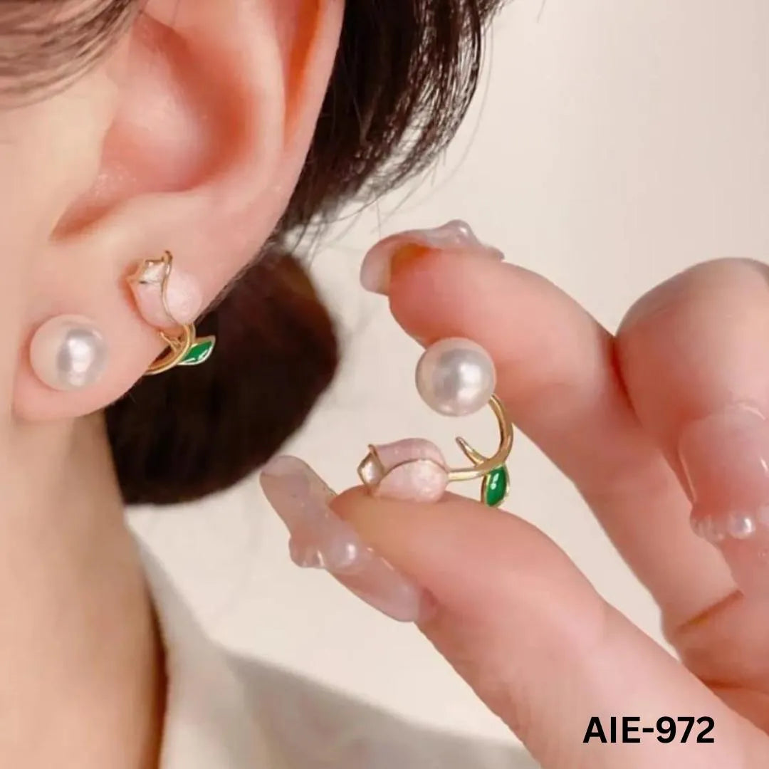 Flower Pearl Earrings Pink Green Leaf Lightweight Daily Wear - image 10