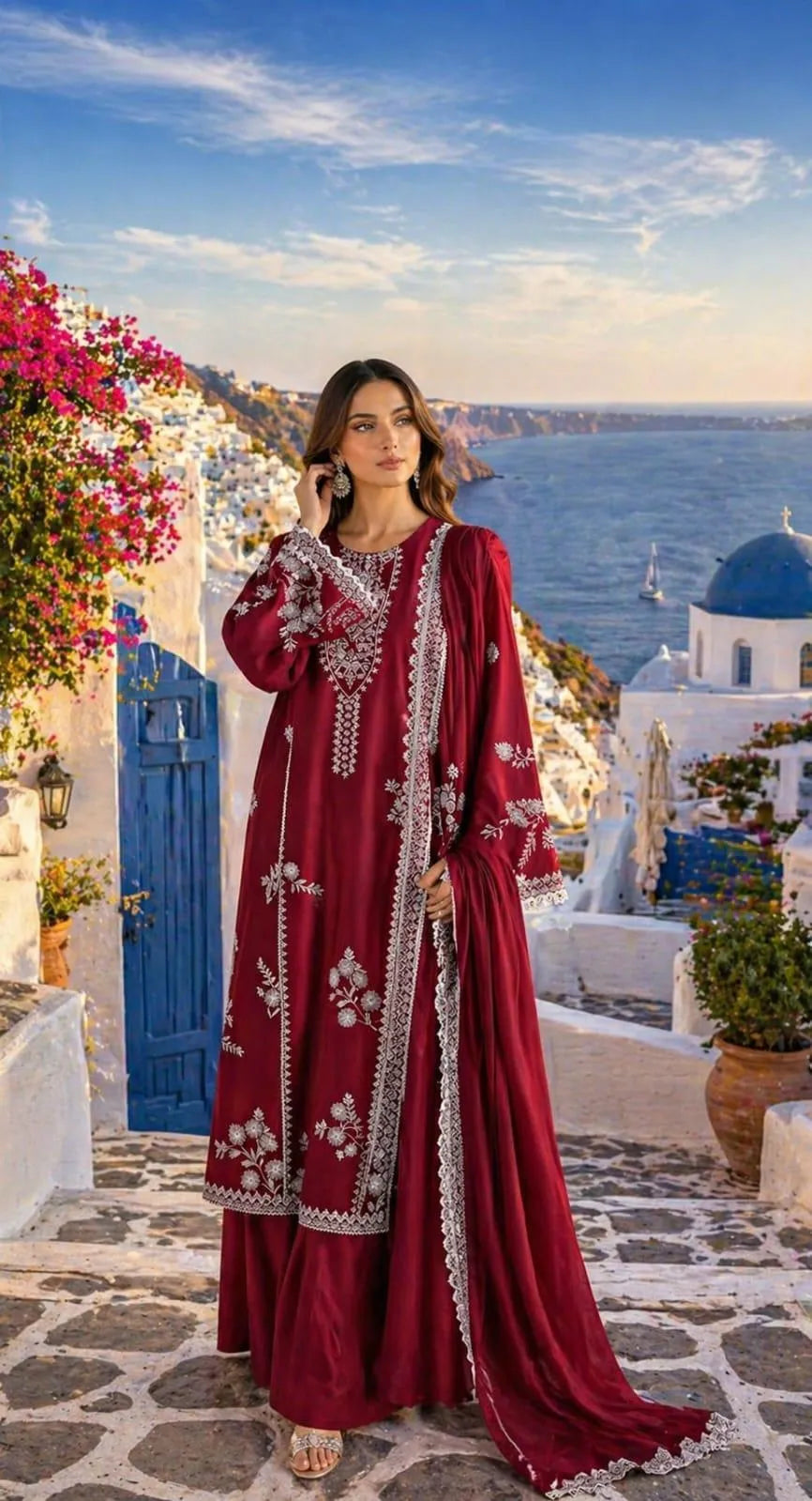 Maroon Embroidered Lawn 2Pcs Shirt Trouser Set - Design 1 - image 1