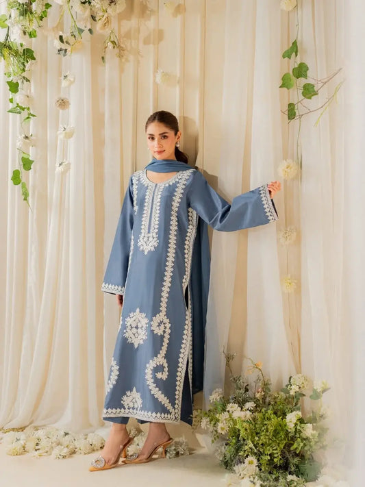 Stunning Embroidered Raw Silk Suit Set - 3 Pcs - image 2