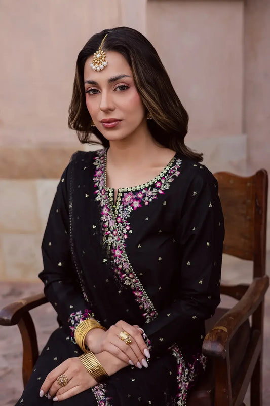 Elegant Black Embroidered Cotton Suit - 3 Pcs Set in Crinkle Chiffon - image 2