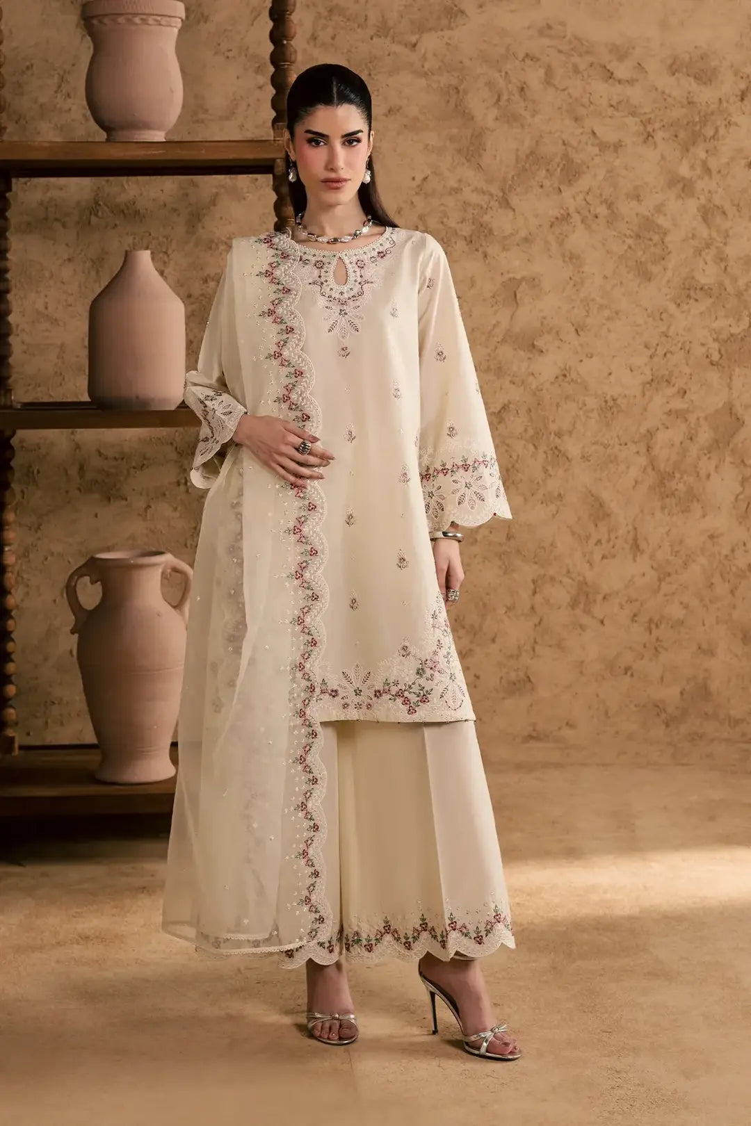 Women's Stitched Cotton Suit with Embroidery - 3 Pcs Set - image 8