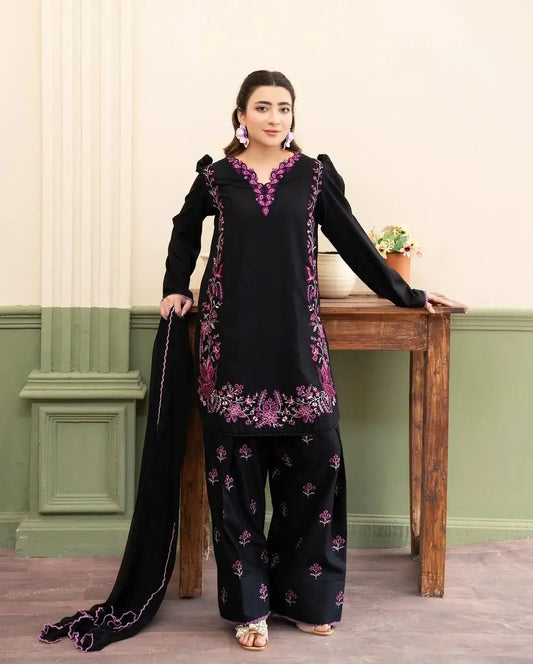 Stylish Black Cotton Embroidered Shirt And Trouser Set - 2 Pcs - image 2