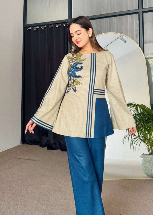 Stylish Printed Shirt and Trouser Set - 2 Pcs - Polly Lawn Blue - image 2