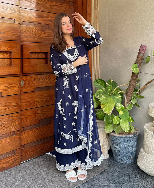 Navy Monarch - 3 Piece Lawn Cotton Embroidered Dress - image 2