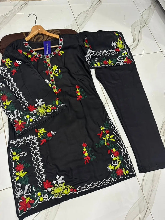 2 Pcs Women's Stitched Linen Embroidered Shirt And Trouser - image 2