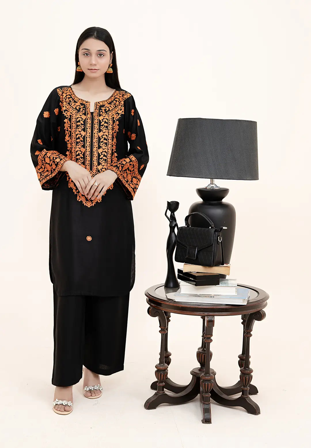 2 Pcs Women's Stitched Arabic Lawn Embroidered Shirt And Trouser - Black - image 7