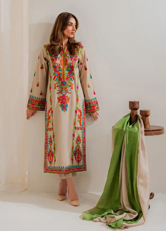 3 Pcs Women's Stitched Linen Embroidered Suit - Beige - Design 1 - image 2
