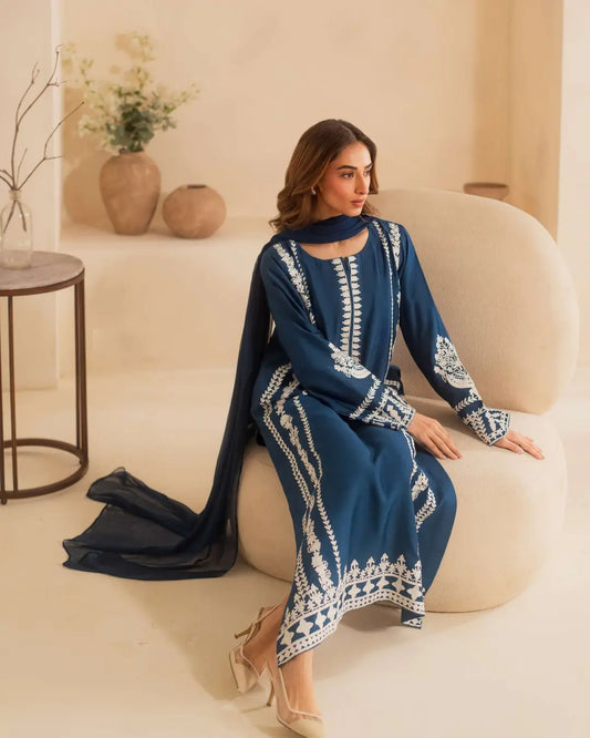 3 Pcs Women's Stitched Linen Embroidered Suit - Blue - Design 3 - image 2