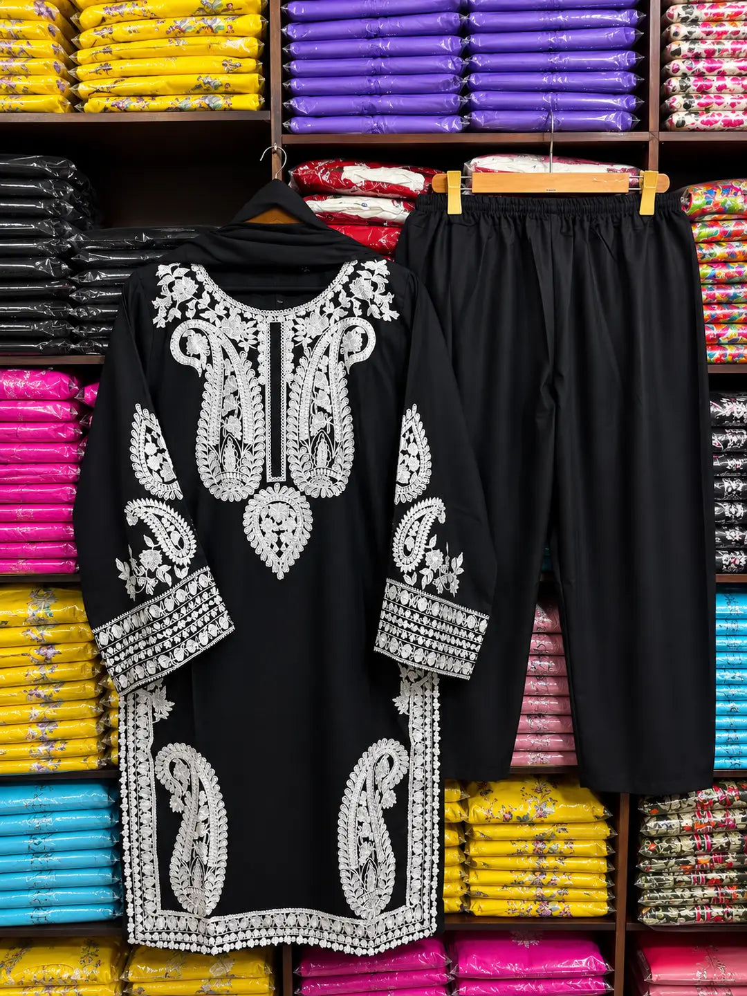 3 Pcs Women's Stitched Linen Embroidered Suit - Black - image 7