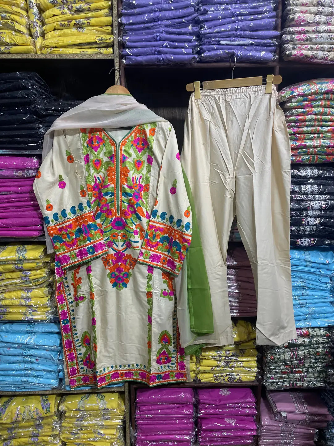 3 Pcs Women's Stitched Linen Embroidered Suit - Beige - Design 1 - image 7