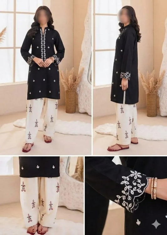 Black Embroidered Lawn Shirt & Cotton Trouser Set - Design 1 - image 2