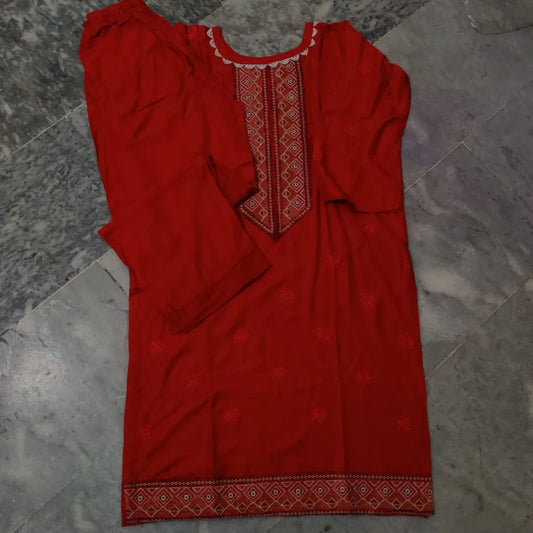 2 Pcs Women's Stitched Arabic Lawn Embroidered Shirt And Trouser - image 2