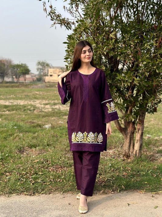 2 Pcs Women's Stitched Lawn Embroidered Shirt And Trouser - Design 2 - image 2