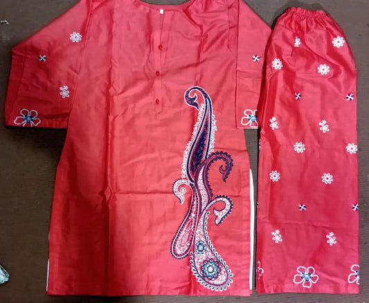 2 Pcs Women's Stitched Lawn Embroidered Shirt And Trouser - Orange - image 2