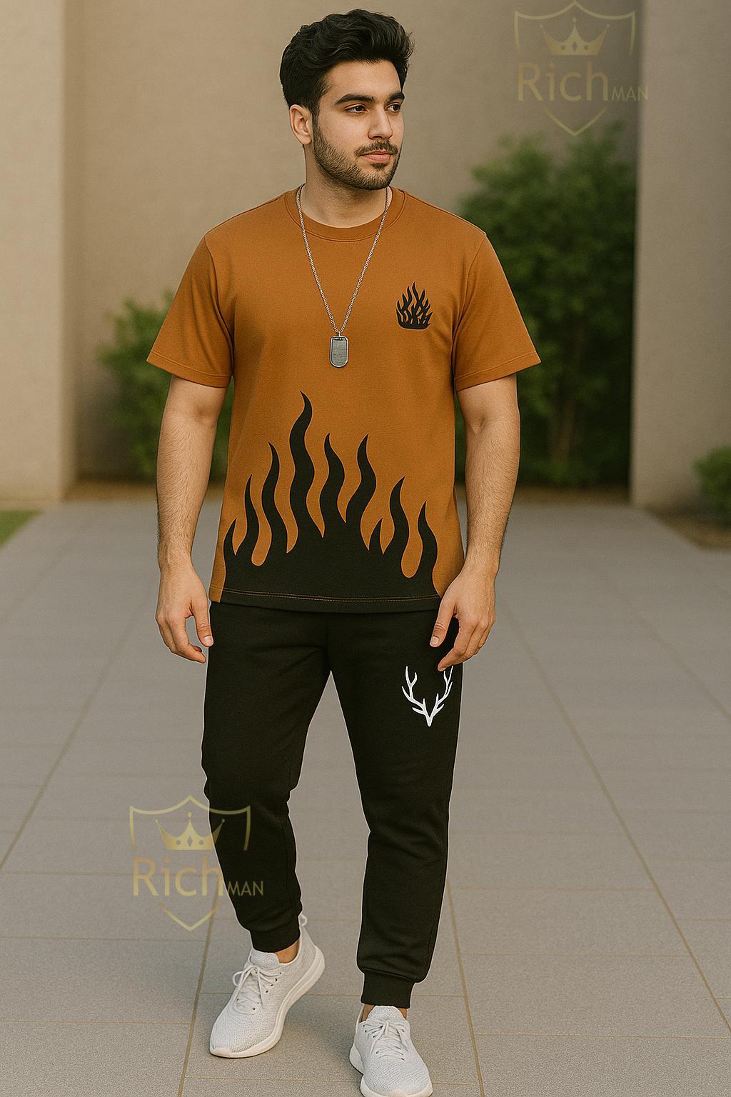 Men Printed Micro Track Suit Flame Print Deer Antler - image 1