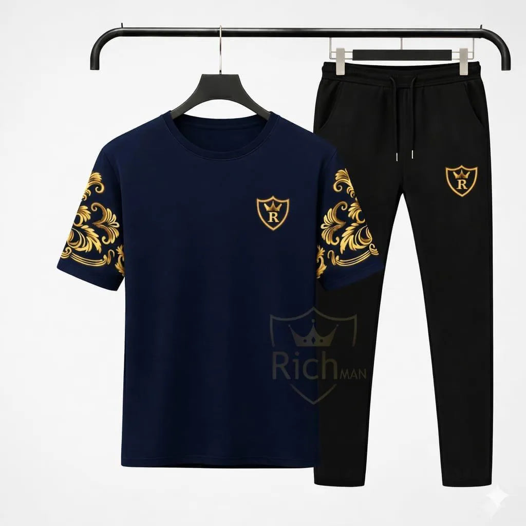 Men Royal Blue Cotton Tracksuit with Gold Sleeves - image 1