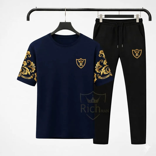 Men Royal Blue Cotton Tracksuit with Gold Sleeves - image 1