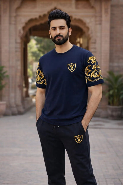 Men Royal Blue Cotton Tracksuit with Gold Sleeves - image 2