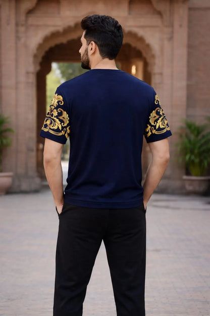 Men Royal Blue Cotton Tracksuit with Gold Sleeves - image 3