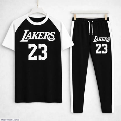 Men's Printed Cotton Track Suit Black White Stripe - image 5