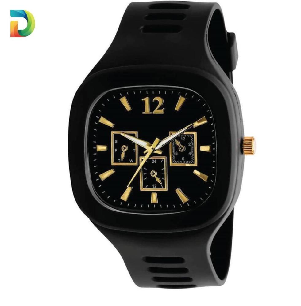 Men Black Silicone Analogue Watch with Gold Accents - image 6