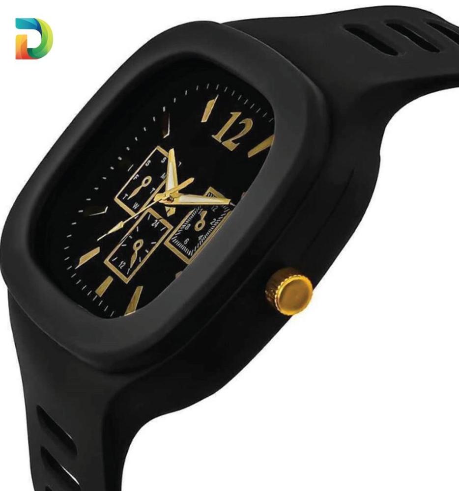 Men Black Silicone Analogue Watch with Gold Accents - image 7