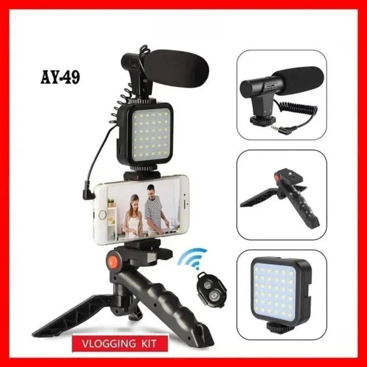 AY-49 Vlogger Kit with Mic Light Tripod Remote Black - image 5