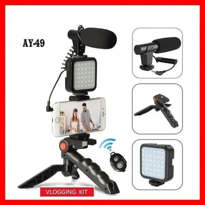 AY-49 Vlogger Kit with Mic Light Tripod Remote Black - image 5