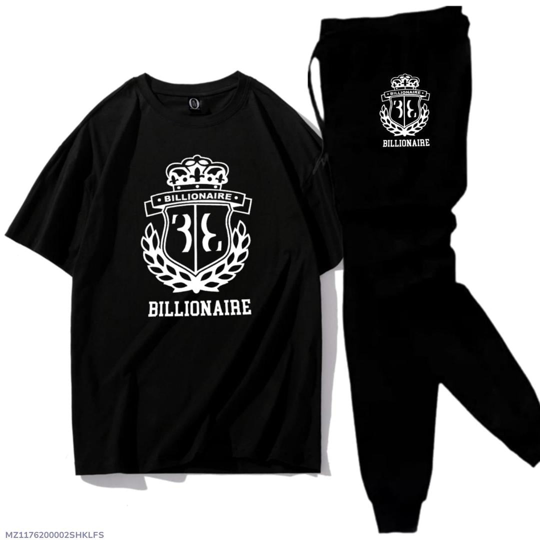 Men Black Printed Track Suit 2Pcs Cotton Jersey XL - image 3