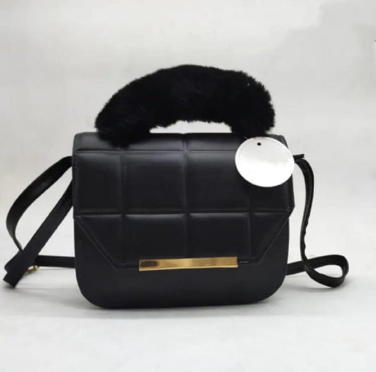 Black Rexine Crossbody Bag with Faux Fur Handle for Girls - image 1