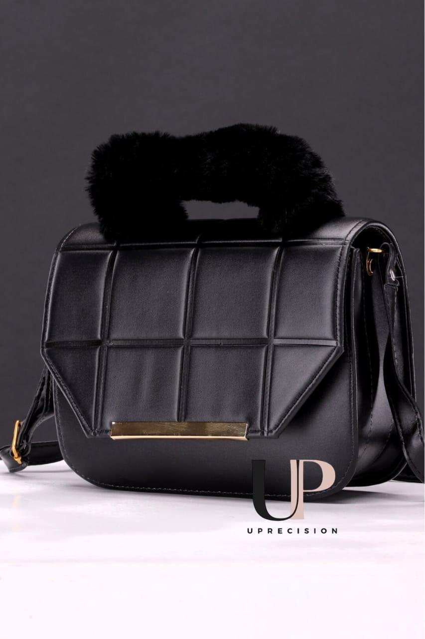 Black Rexine Crossbody Bag with Faux Fur Handle for Girls - image 2
