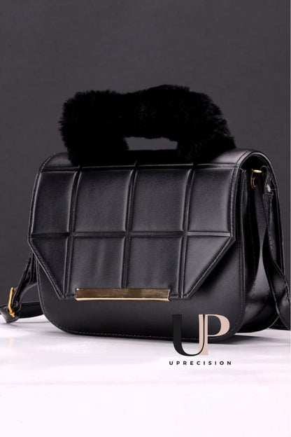 Black Rexine Crossbody Bag with Faux Fur Handle for Girls - image 2