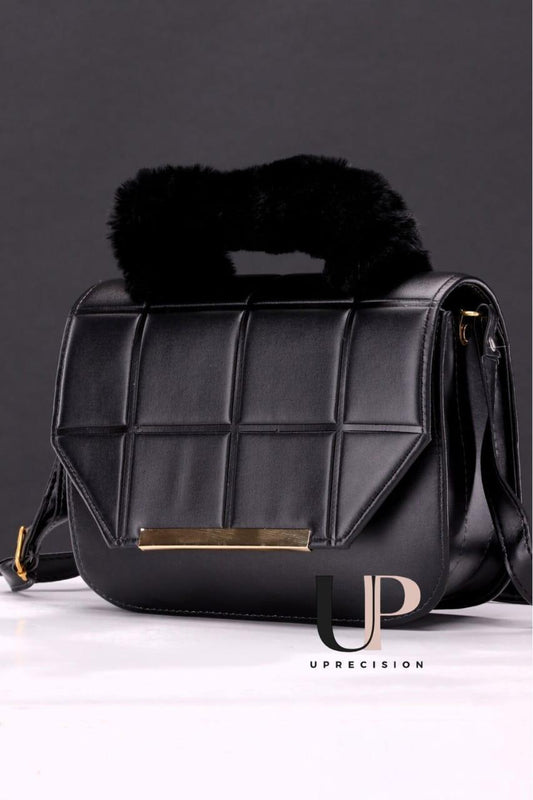 Black Rexine Crossbody Bag with Faux Fur Handle for Girls - image 2