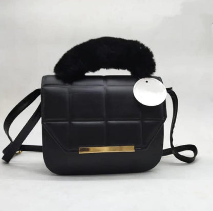 Black Rexine Crossbody Bag with Faux Fur Handle for Girls - image 3