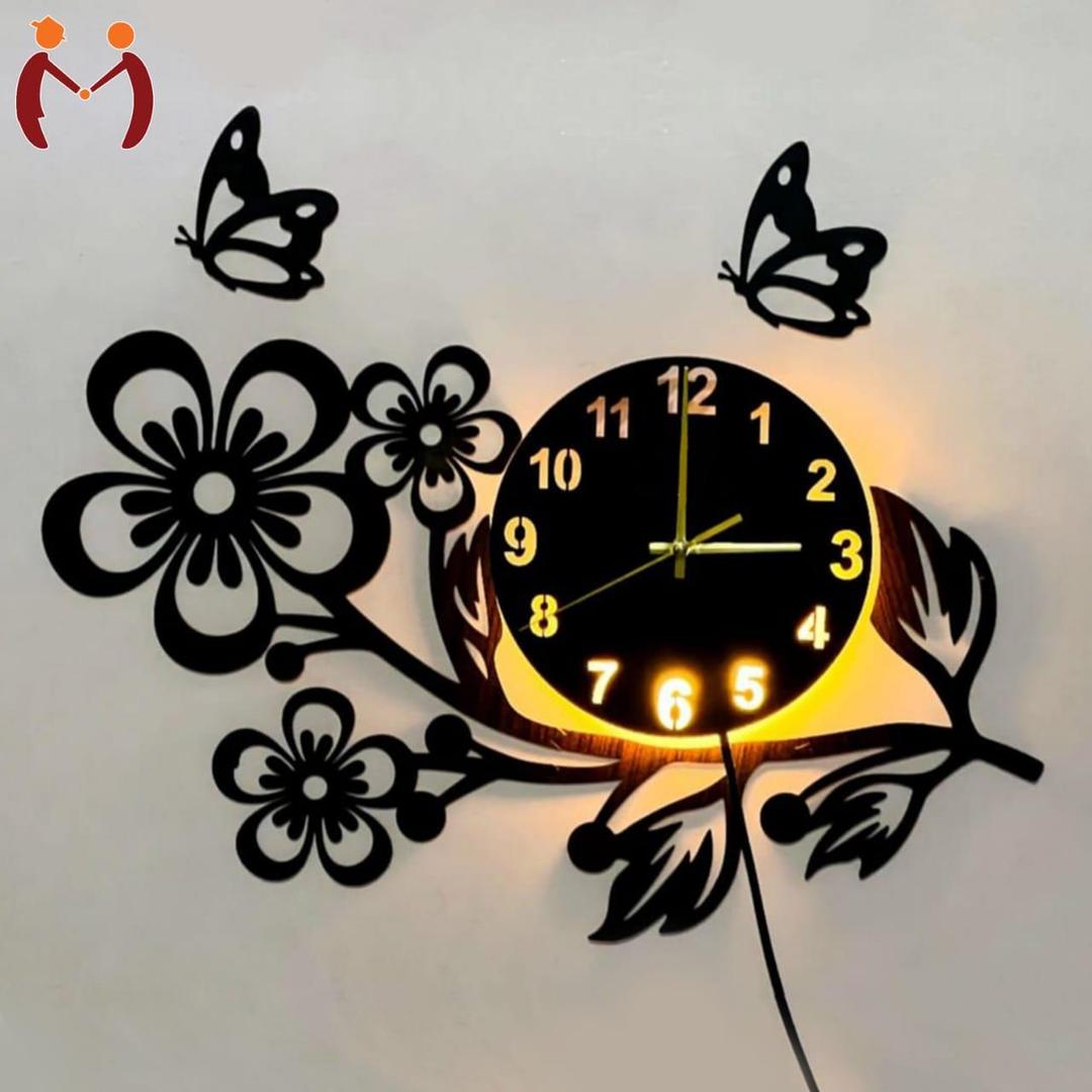 3D Flower Wooden Wall Clock With LED Light - image 1