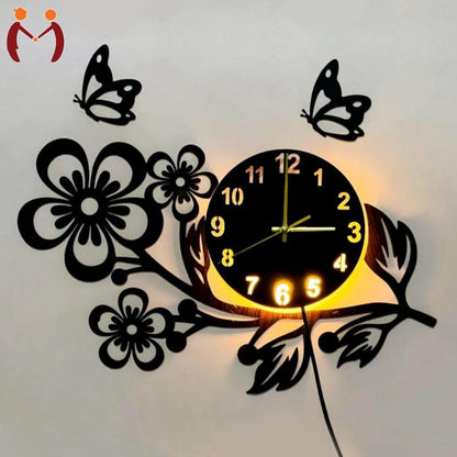3D Flower Wooden Wall Clock With LED Light - image 1