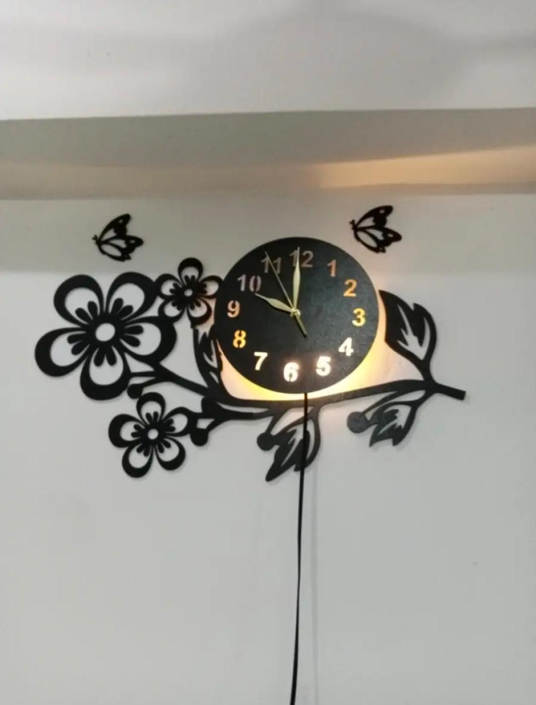 3D Flower Wooden Wall Clock With LED Light - image 7