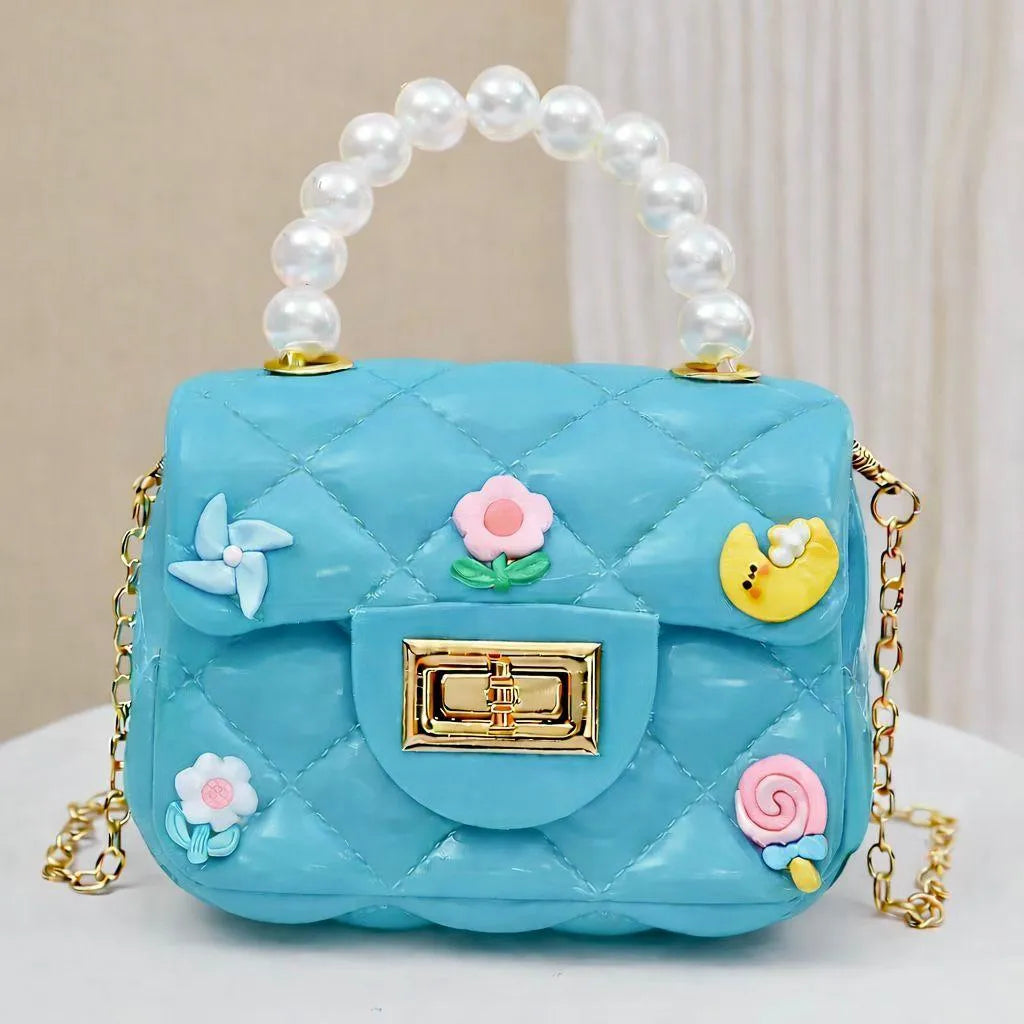 Blue Quilted Mini Crossbody Bag with Pearl Handle & 3D Decorations - image 1