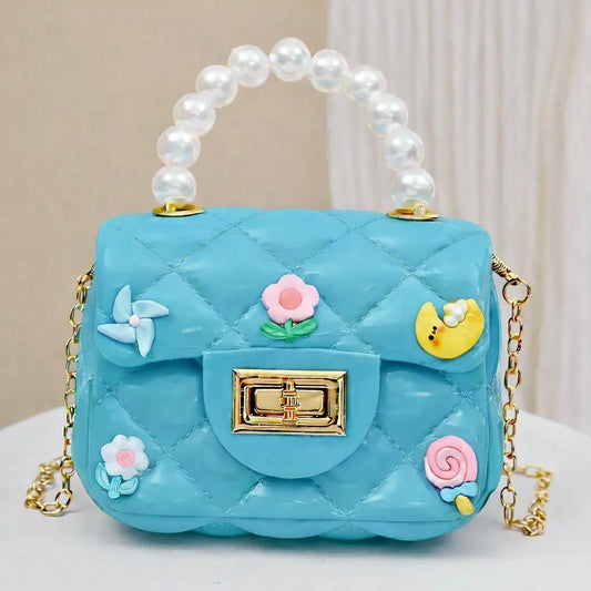 Blue Quilted Mini Crossbody Bag with Pearl Handle & 3D Decorations - image 1