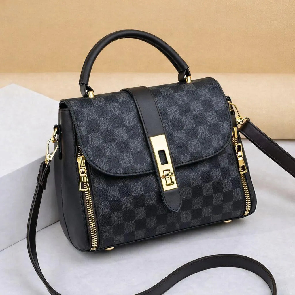 Women's Black Checkered Gold Shoulder Bag 3cm Leather - image 1