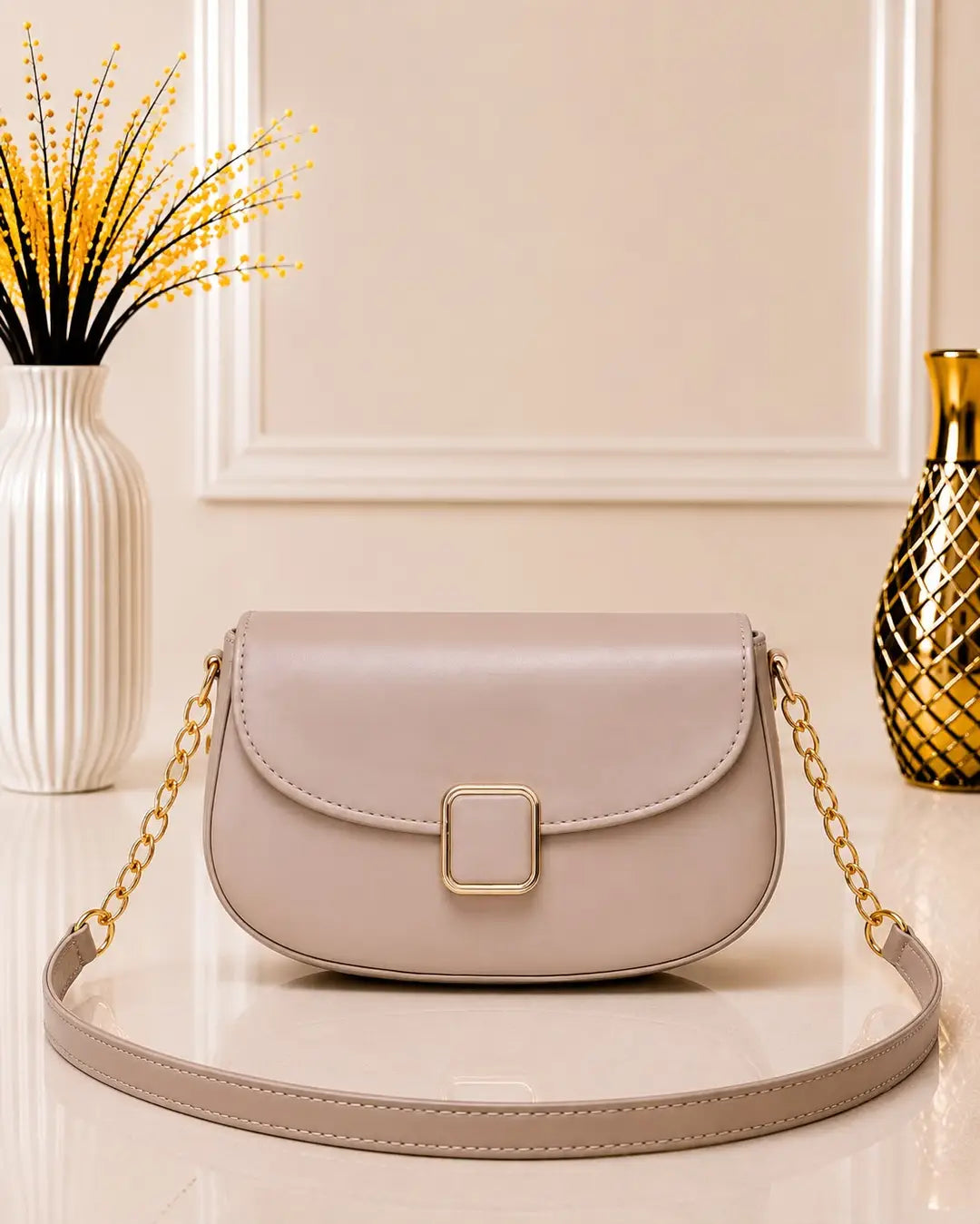 Women's Leather Plain Shoulder Bag - Beige - Design 2 - image 1