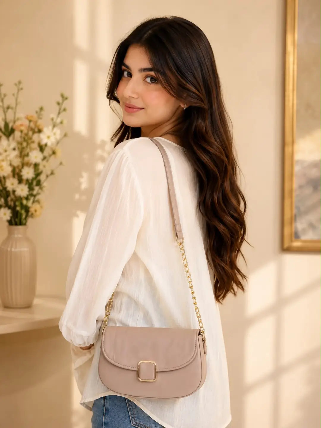 Women's Leather Plain Shoulder Bag - Beige - Design 1 - image 1