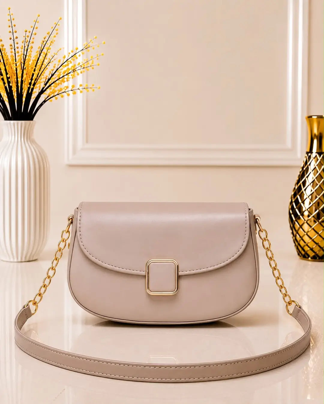 Women's Leather Plain Shoulder Bag - Beige - Design 1 - image 2