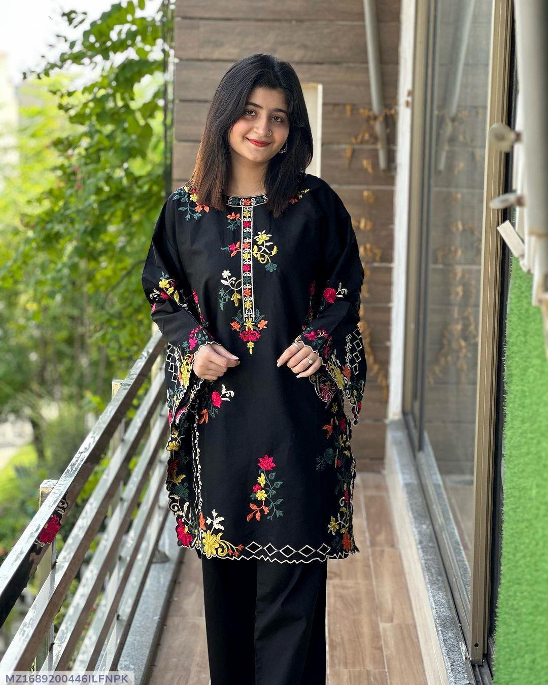 Multi Colours Embroidered Shirt Trouser Set 2Pcs - image 3