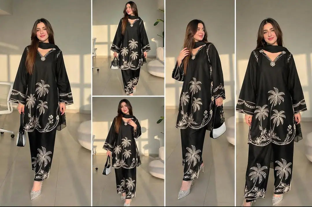 2 Pcs Women's Stitched Cotton Embroidered Shirt And Trouser - image 1