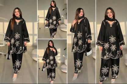 2 Pcs Women's Stitched Cotton Embroidered Shirt And Trouser - image 1