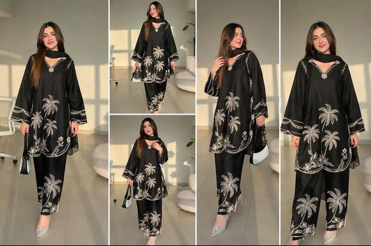 2 Pcs Women's Stitched Cotton Embroidered Shirt And Trouser - image 1